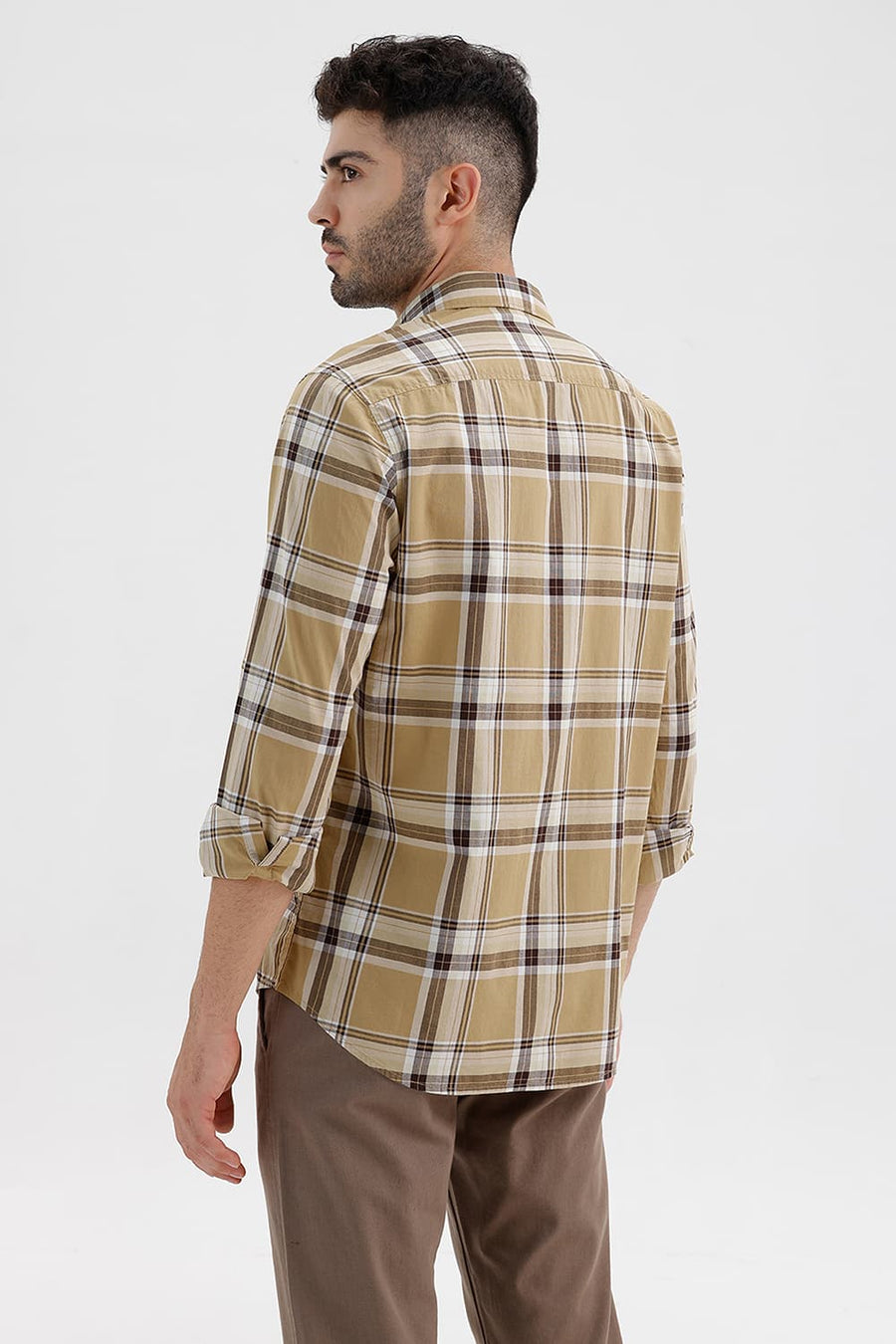 BASICS SLIM FIT TAUPE BROWN COTTON CHECKS SHIRT
