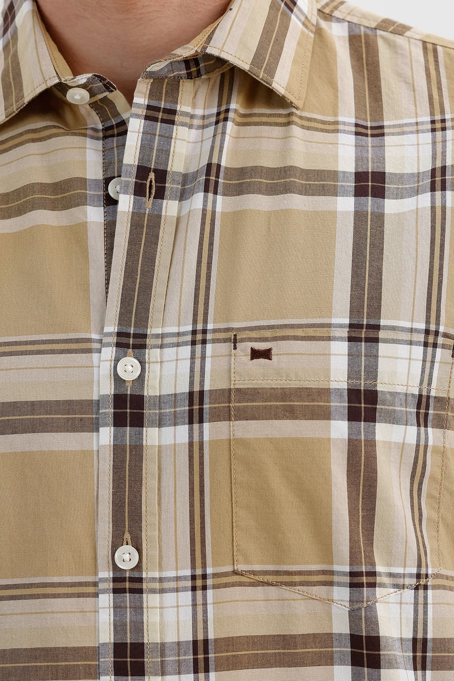 BASICS SLIM FIT TAUPE BROWN COTTON CHECKS SHIRT