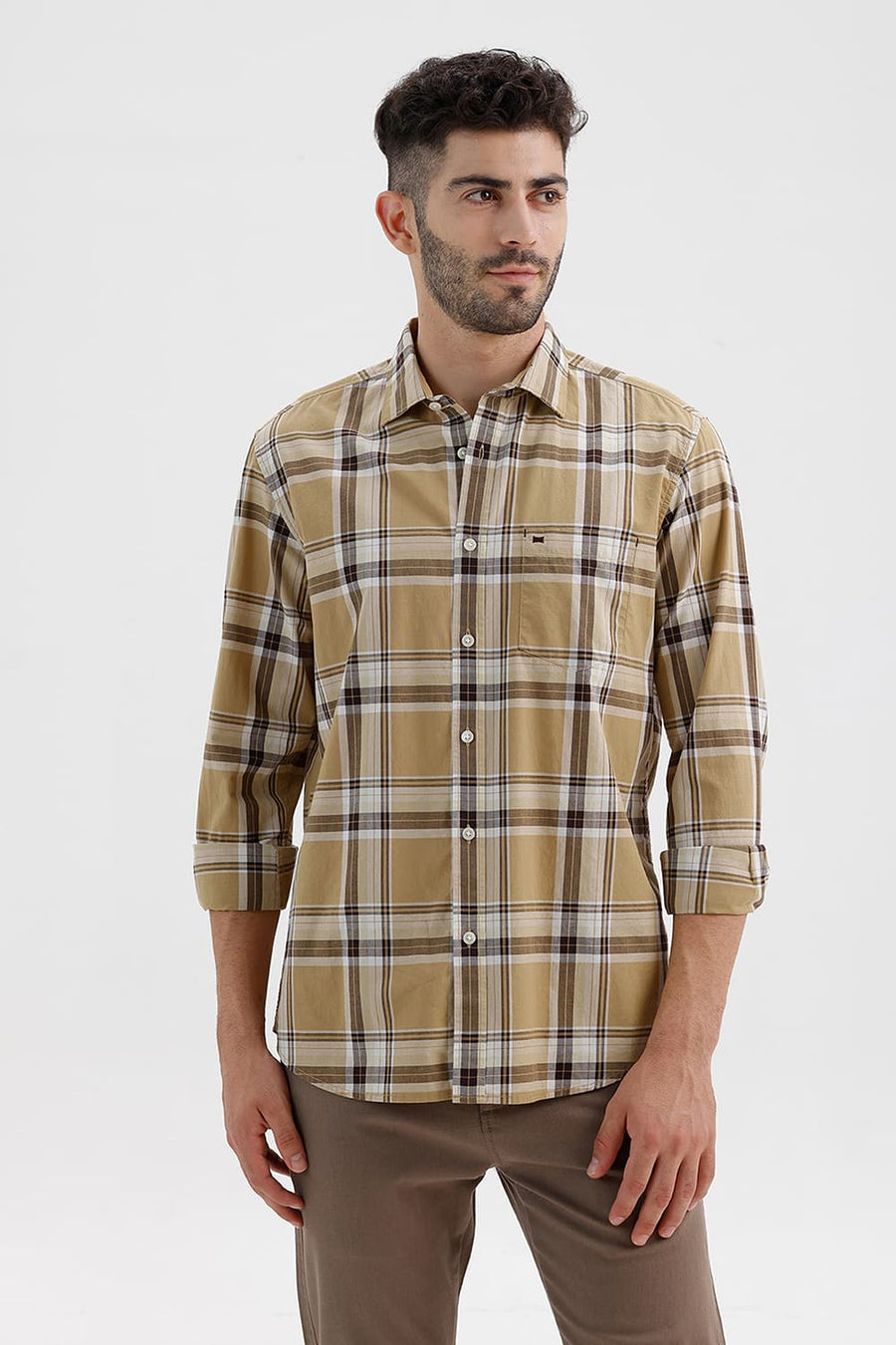 BASICS SLIM FIT TAUPE BROWN COTTON CHECKS SHIRT