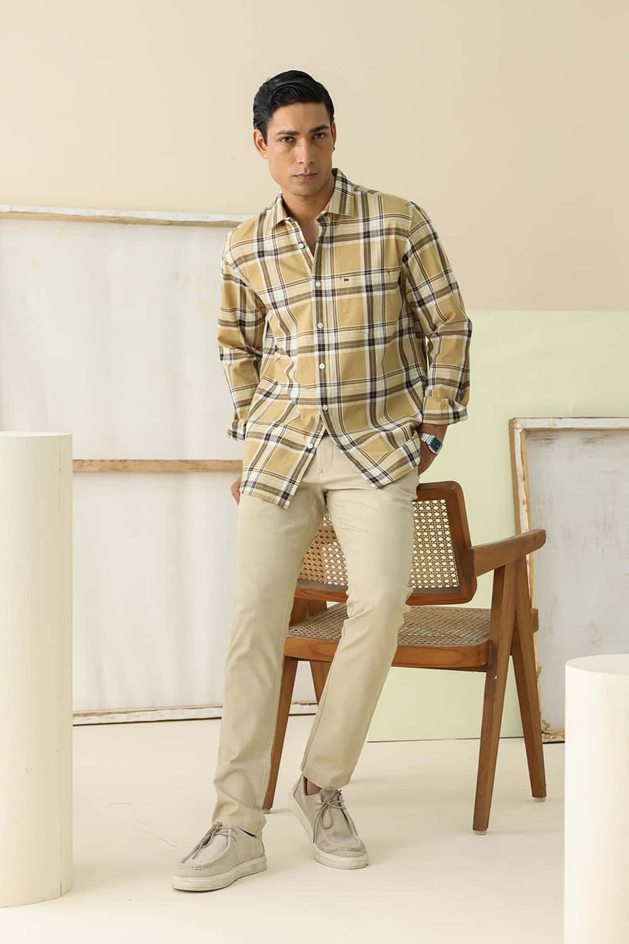 Basics Slim Fit Taupe Brown Cotton Checks Shirt