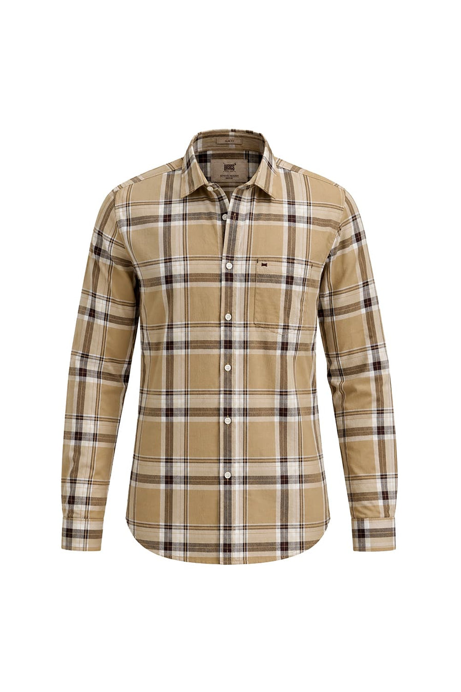 BASICS SLIM FIT TAUPE BROWN COTTON CHECKS SHIRT