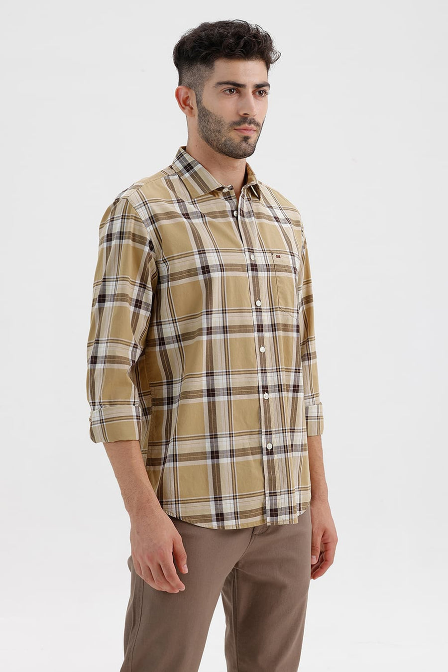 BASICS SLIM FIT TAUPE BROWN COTTON CHECKS SHIRT