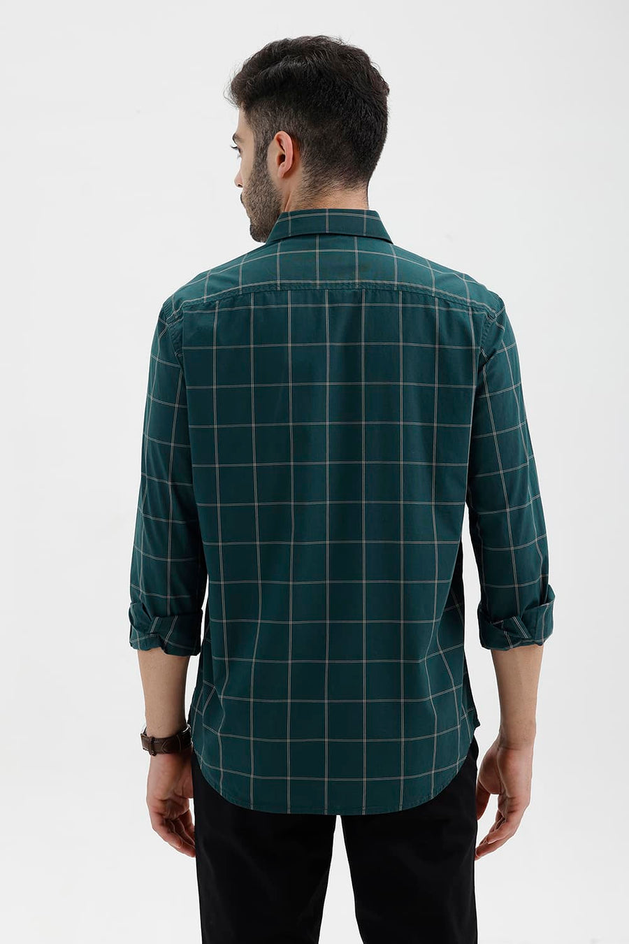 BASICS SLIM FIT MOSS GREEN COTTON CHECKS SHIRT