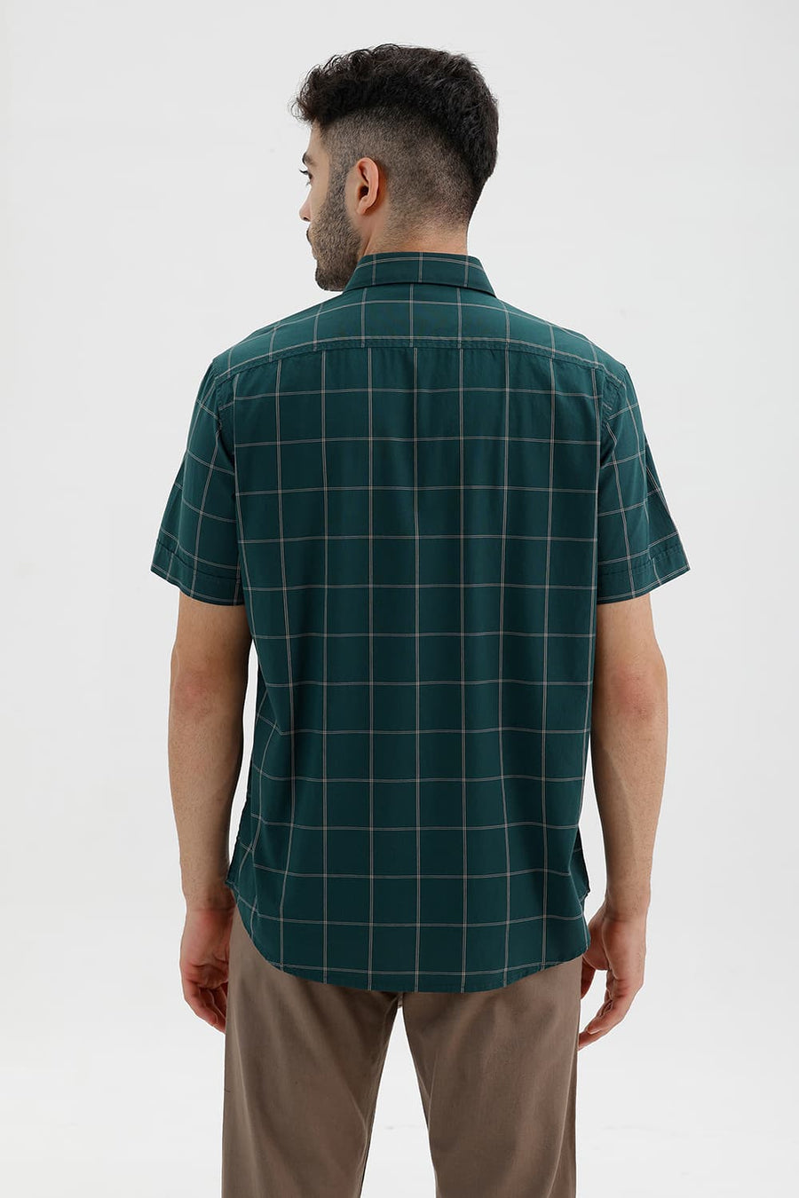 BASICS SLIM FIT MOSS GREEN COTTON CHECKS HALFSLEEVES SHIRT