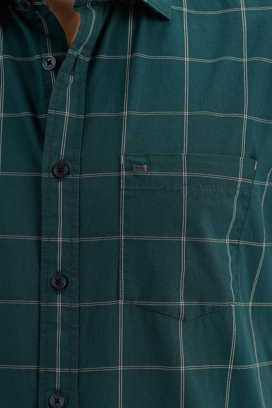 BASICS SLIM FIT MOSS GREEN COTTON CHECKS HALFSLEEVES SHIRT
