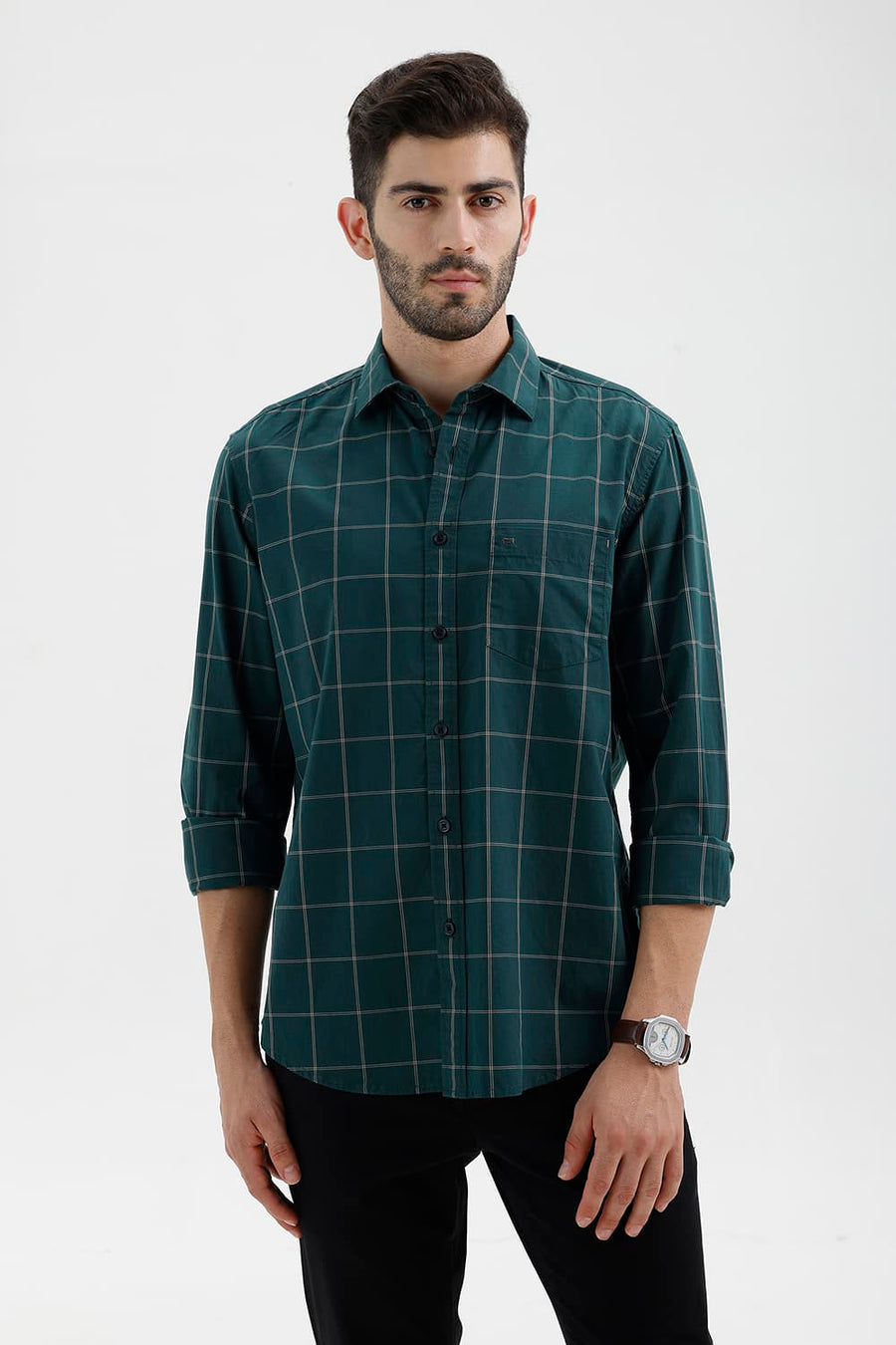BASICS SLIM FIT MOSS GREEN COTTON CHECKS SHIRT