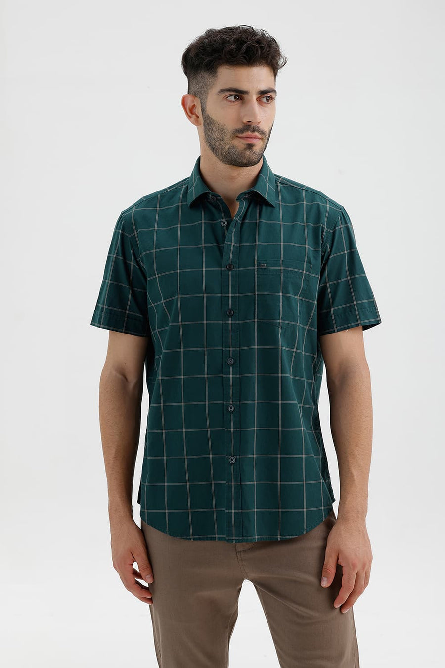 BASICS SLIM FIT MOSS GREEN COTTON CHECKS HALFSLEEVES SHIRT