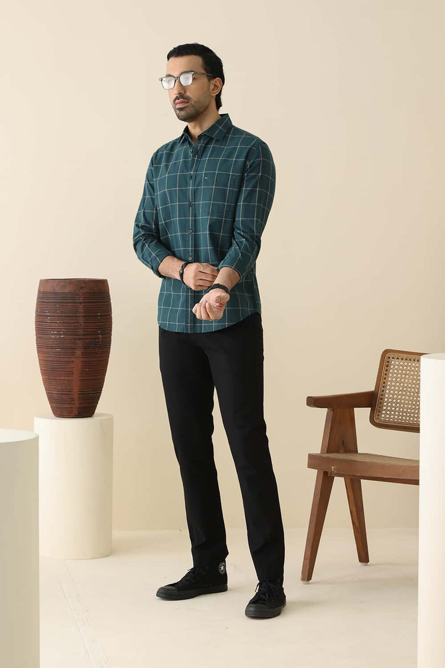 Basics Slim Fit Moss Green Cotton Checks Shirt