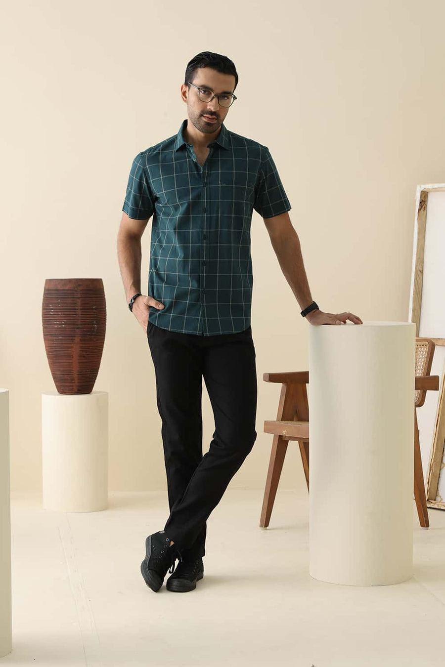 Basics Slim Fit Moss Green Cotton Checks Halfsleeves Shirt