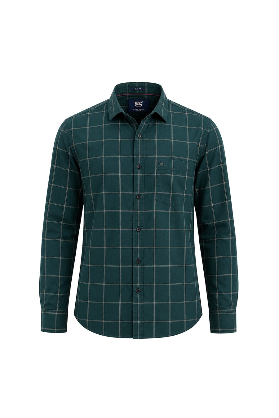 BASICS SLIM FIT MOSS GREEN COTTON CHECKS SHIRT