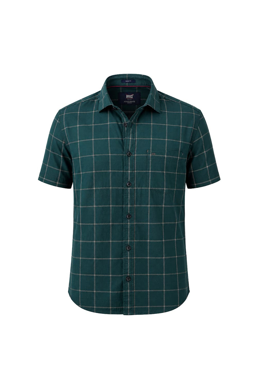 BASICS SLIM FIT MOSS GREEN COTTON CHECKS HALFSLEEVES SHIRT