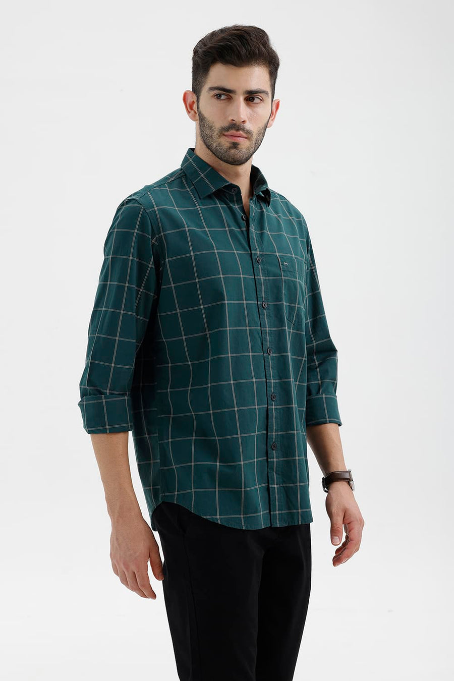 BASICS SLIM FIT MOSS GREEN COTTON CHECKS SHIRT