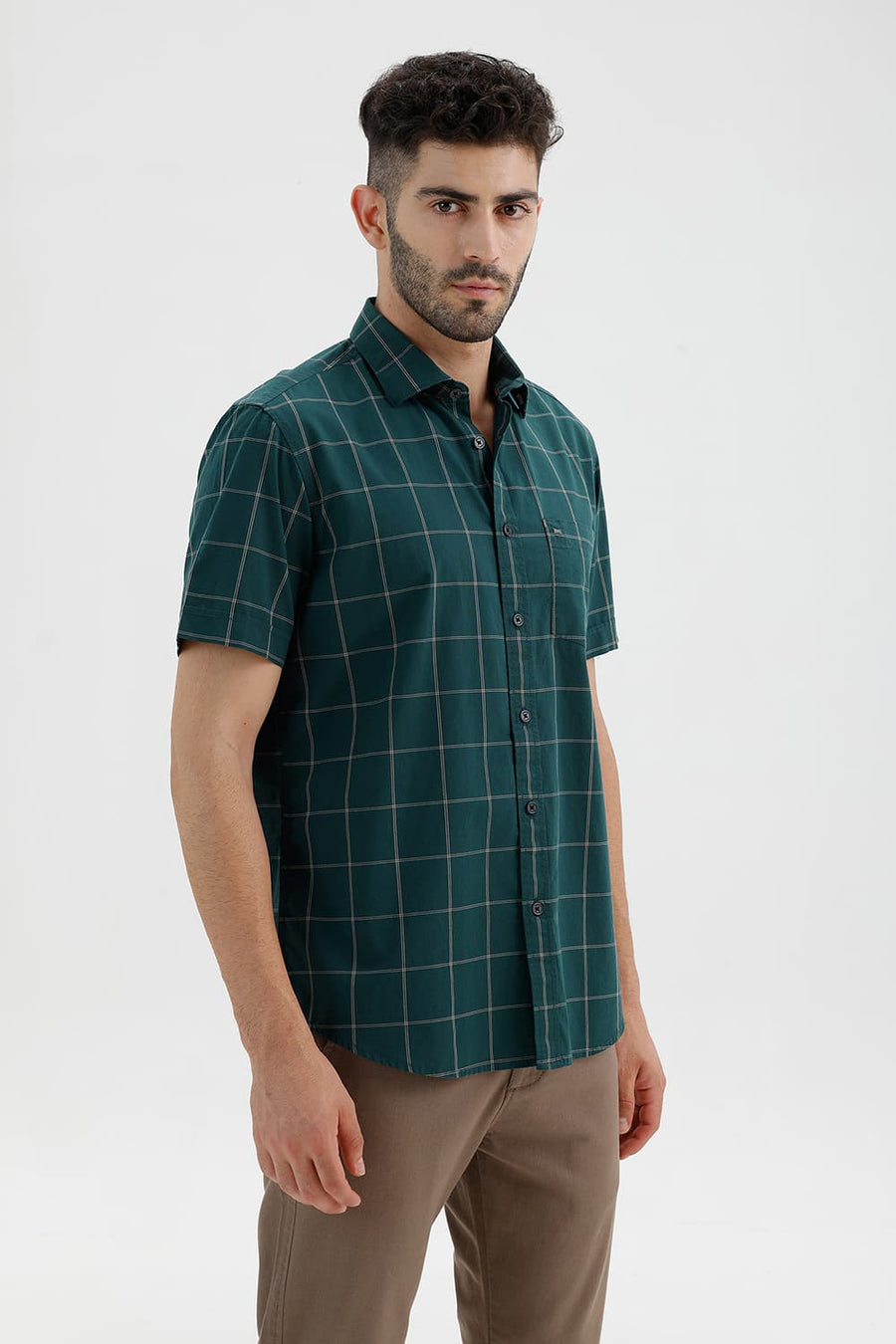 BASICS SLIM FIT MOSS GREEN COTTON CHECKS HALFSLEEVES SHIRT