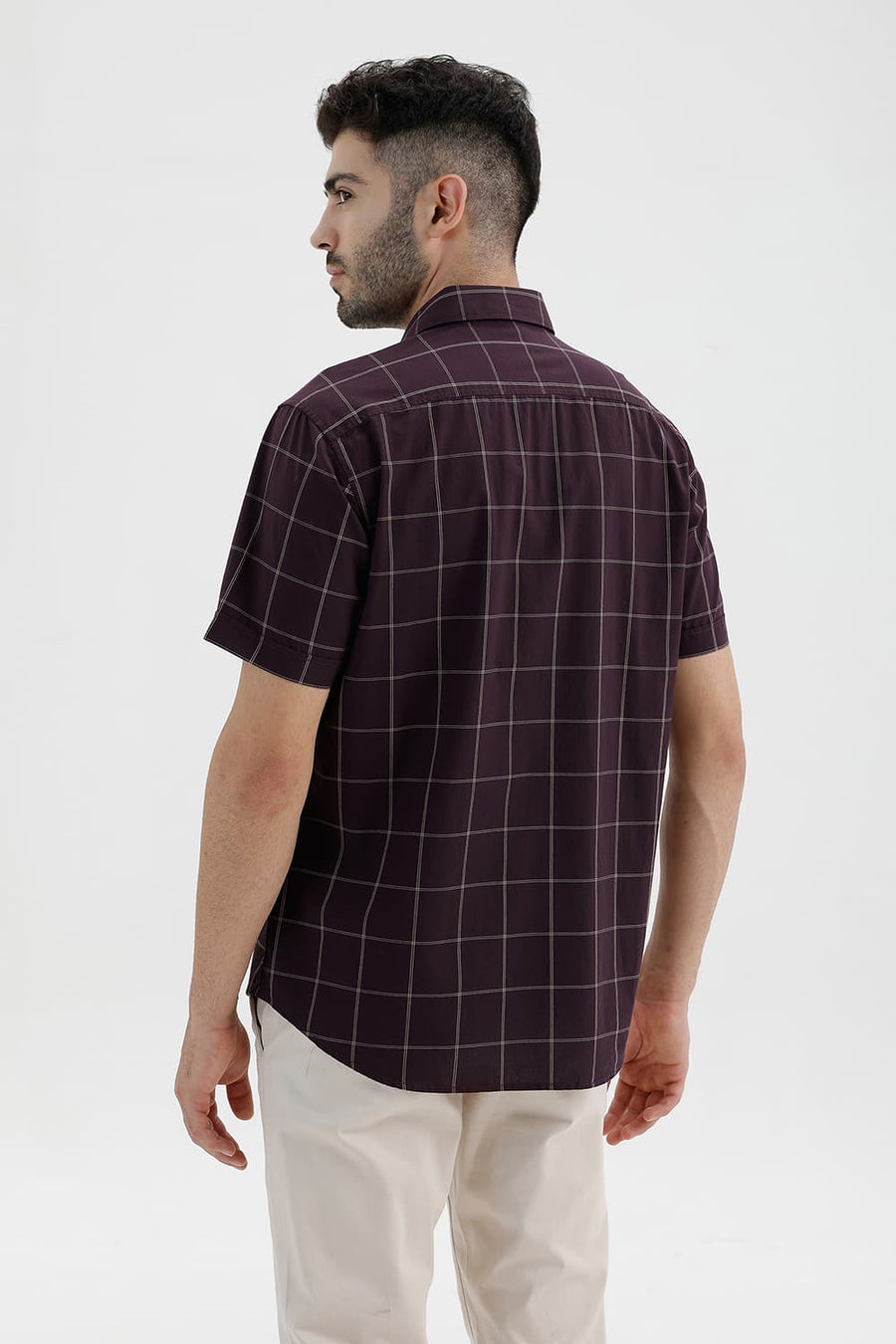 BASICS SLIM FIT WINE TASTING COTTON CHECKS HALFSLEEVES SHIRT