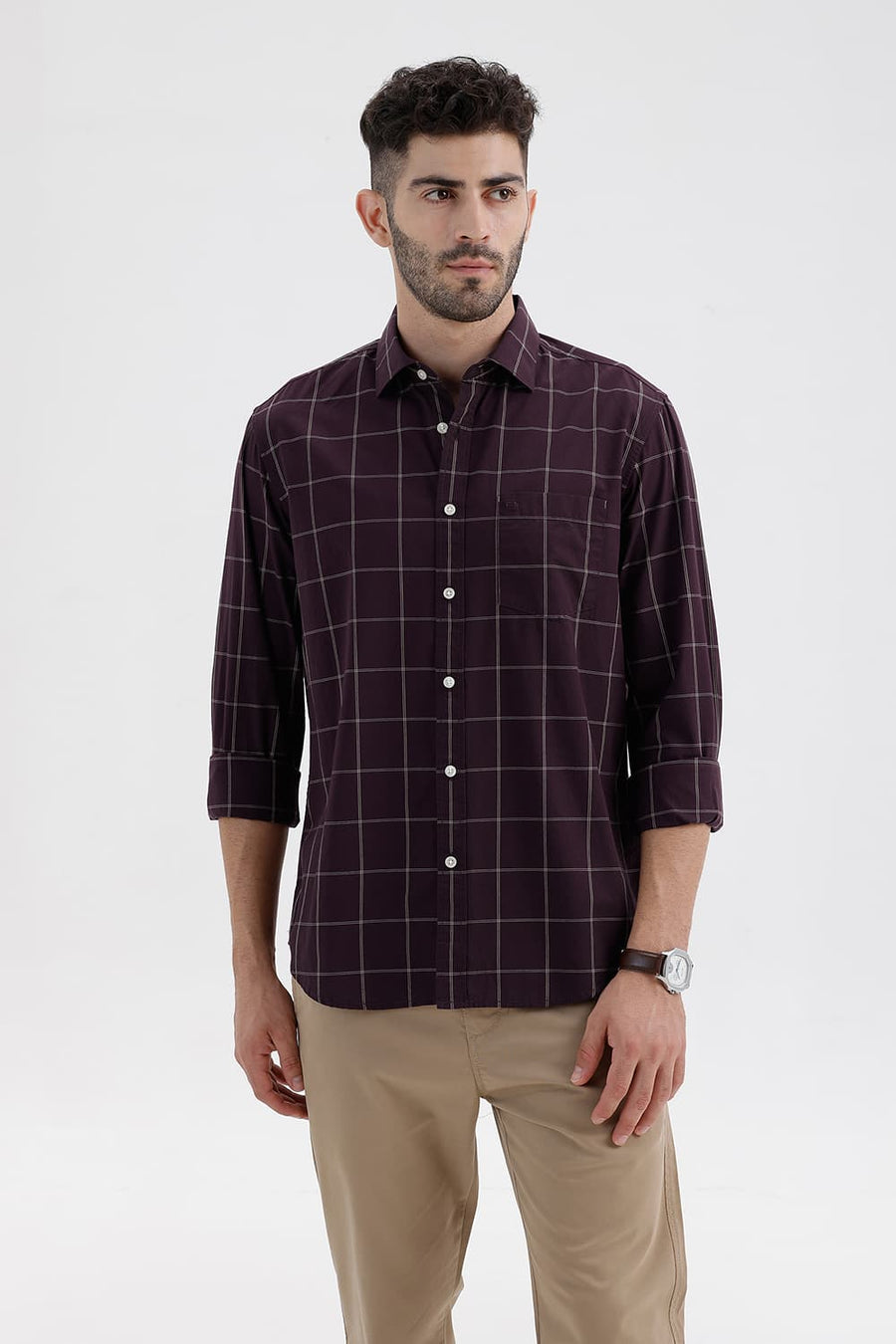 BASICS SLIM FIT WINE TASTING COTTON CHECKS SHIRT