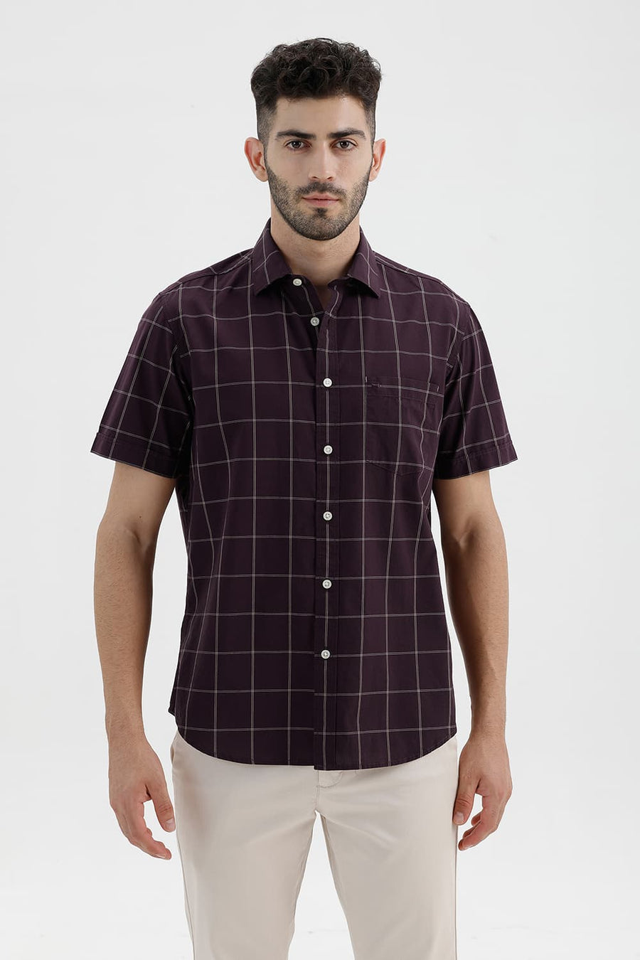 BASICS SLIM FIT WINE TASTING COTTON CHECKS HALFSLEEVES SHIRT