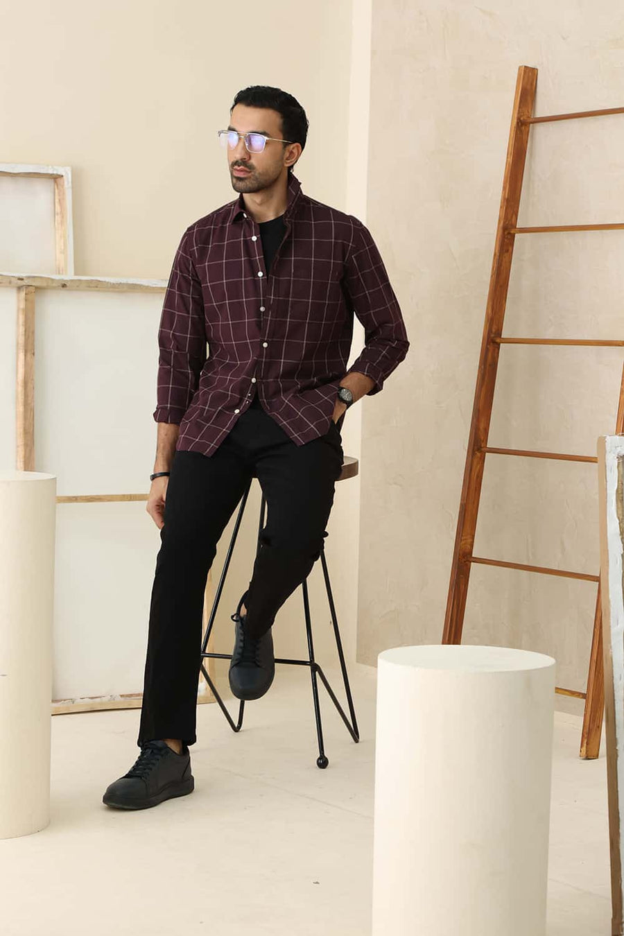 Basics Slim Fit Wine Tasting Cotton Checks Shirt