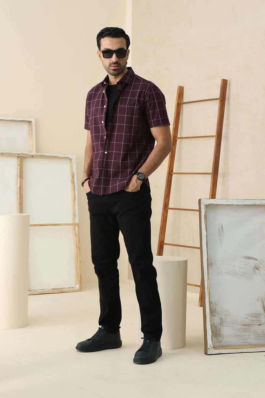 Basics Slim Fit Wine Tasting Cotton Checks Halfsleeves Shirt