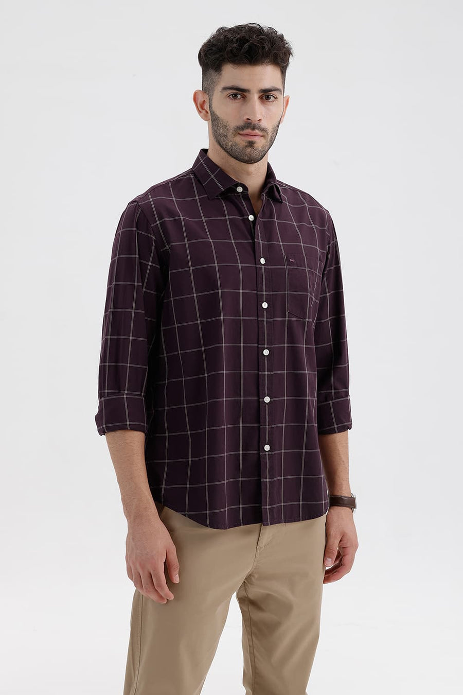 BASICS SLIM FIT WINE TASTING COTTON CHECKS SHIRT