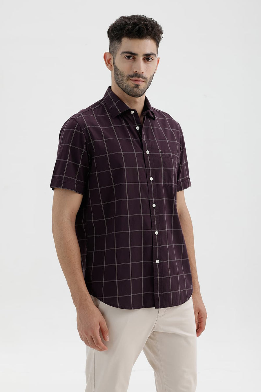 BASICS SLIM FIT WINE TASTING COTTON CHECKS HALFSLEEVES SHIRT