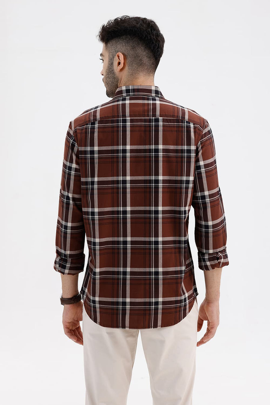 BASICS SLIM FIT CHOCOLATE LAB COTTON HERRING BONE CHECKS SHIRT