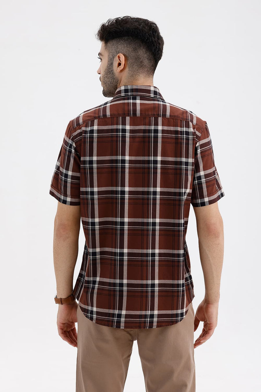BASICS SLIM FIT CHOCOLATE LAB COTTON HERRING BONE CHECKS HALFSLEEVES SHIRT