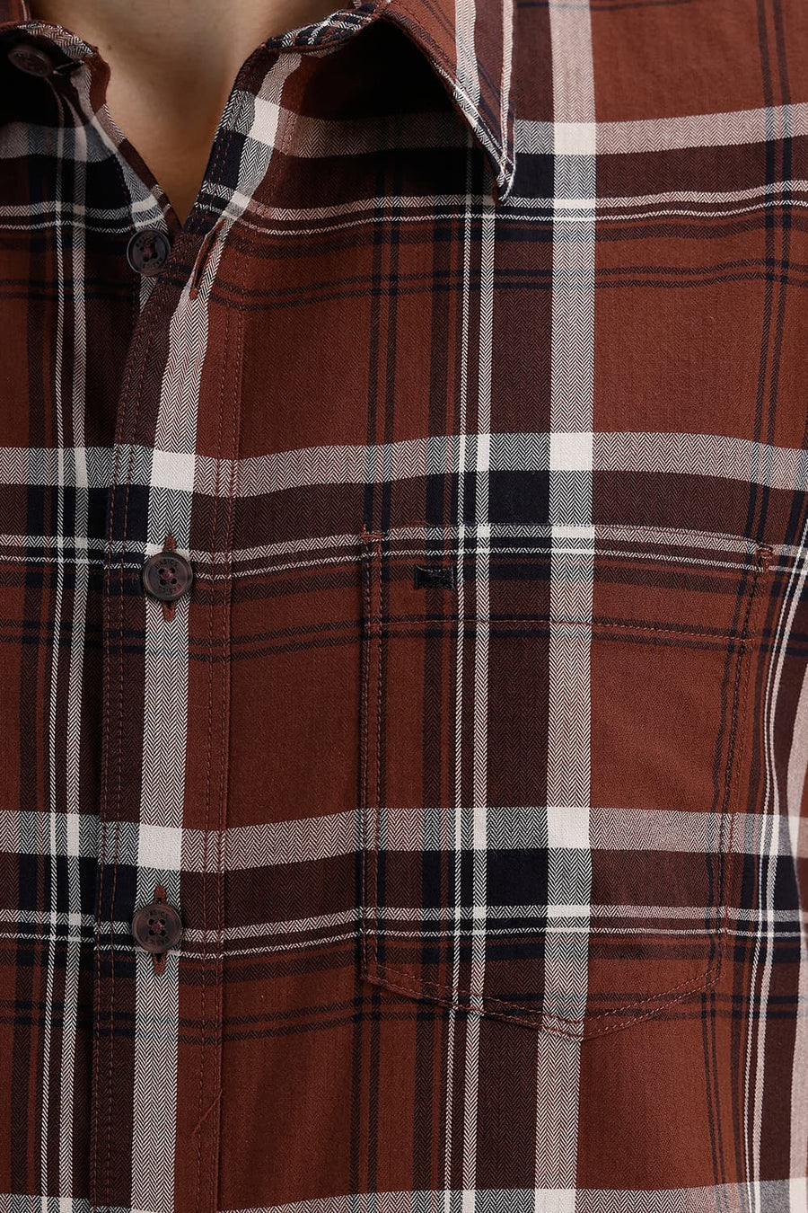 BASICS SLIM FIT CHOCOLATE LAB COTTON HERRING BONE CHECKS HALFSLEEVES SHIRT