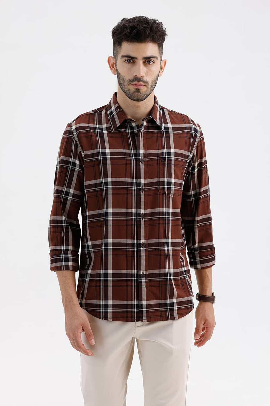 BASICS SLIM FIT CHOCOLATE LAB COTTON HERRING BONE CHECKS SHIRT