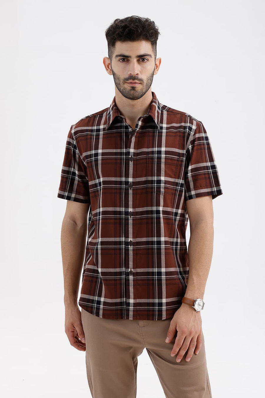 BASICS SLIM FIT CHOCOLATE LAB COTTON HERRING BONE CHECKS HALFSLEEVES SHIRT