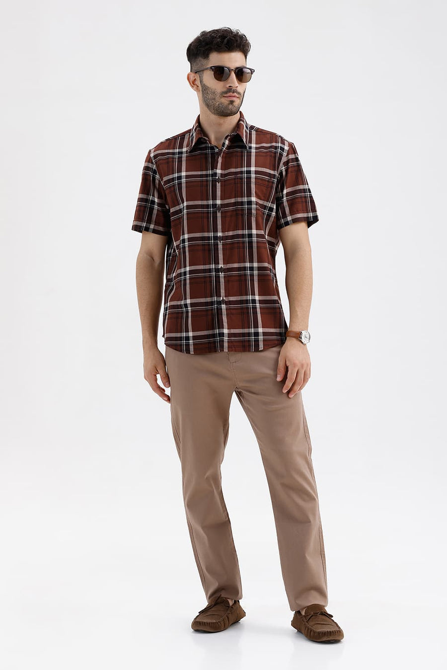 BASICS SLIM FIT CHOCOLATE LAB COTTON HERRING BONE CHECKS HALFSLEEVES SHIRT