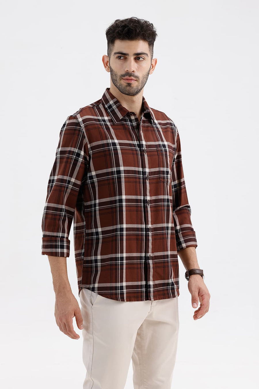 BASICS SLIM FIT CHOCOLATE LAB COTTON HERRING BONE CHECKS SHIRT