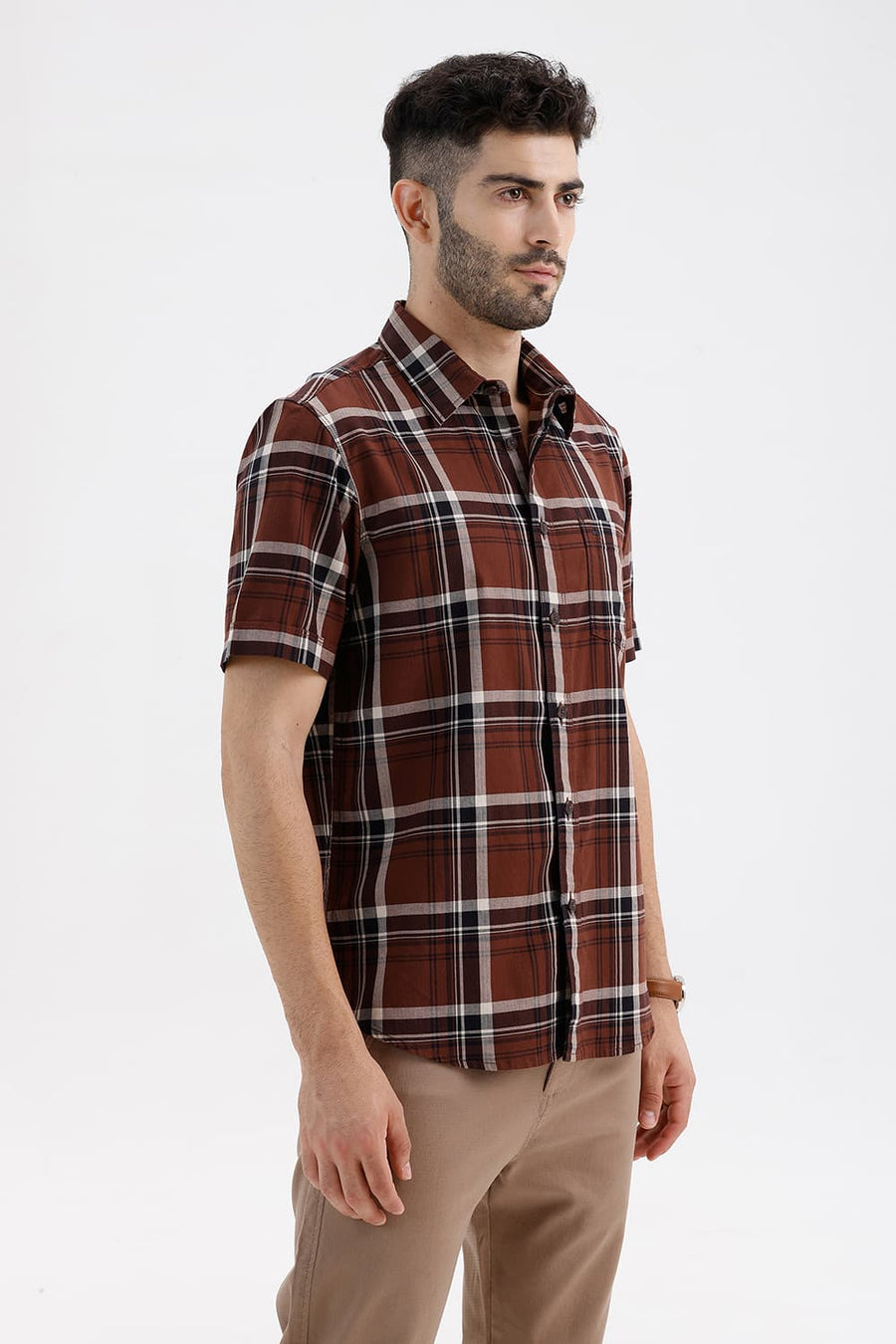 BASICS SLIM FIT CHOCOLATE LAB COTTON HERRING BONE CHECKS HALFSLEEVES SHIRT