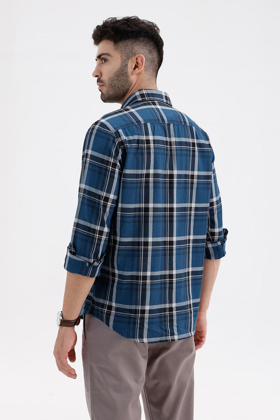 BASICS SLIM FIT STELLAR NAVY COTTON HERRING BONE CHECKS SHIRT