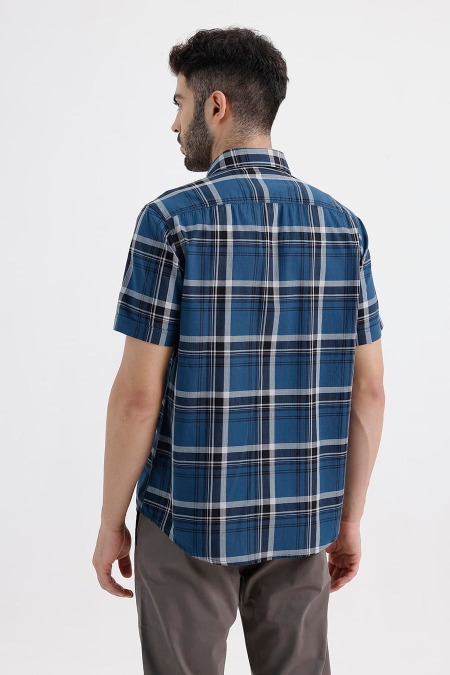 BASICS SLIM FIT STELLAR NAVY COTTON HERRING BONE CHECKS HALFSLEEVES SHIRT