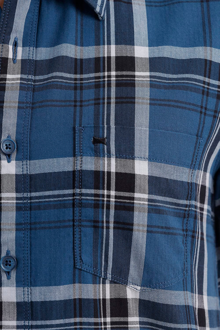 BASICS SLIM FIT STELLAR NAVY COTTON HERRING BONE CHECKS HALFSLEEVES SHIRT