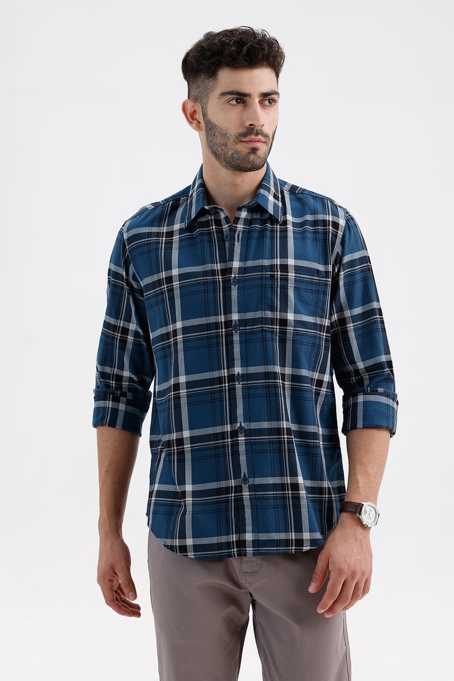 BASICS SLIM FIT STELLAR NAVY COTTON HERRING BONE CHECKS SHIRT