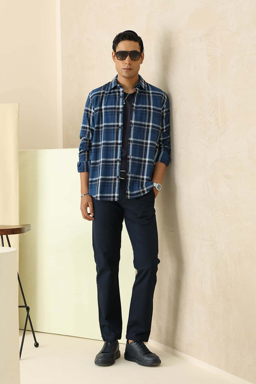 Basics Slim Fit Stellar Navy Cotton Herring Bone Checks Shirt
