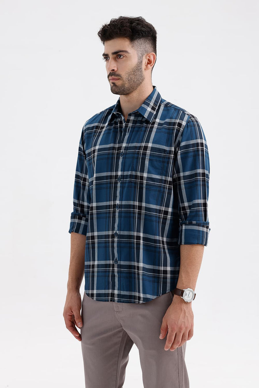 BASICS SLIM FIT STELLAR NAVY COTTON HERRING BONE CHECKS SHIRT
