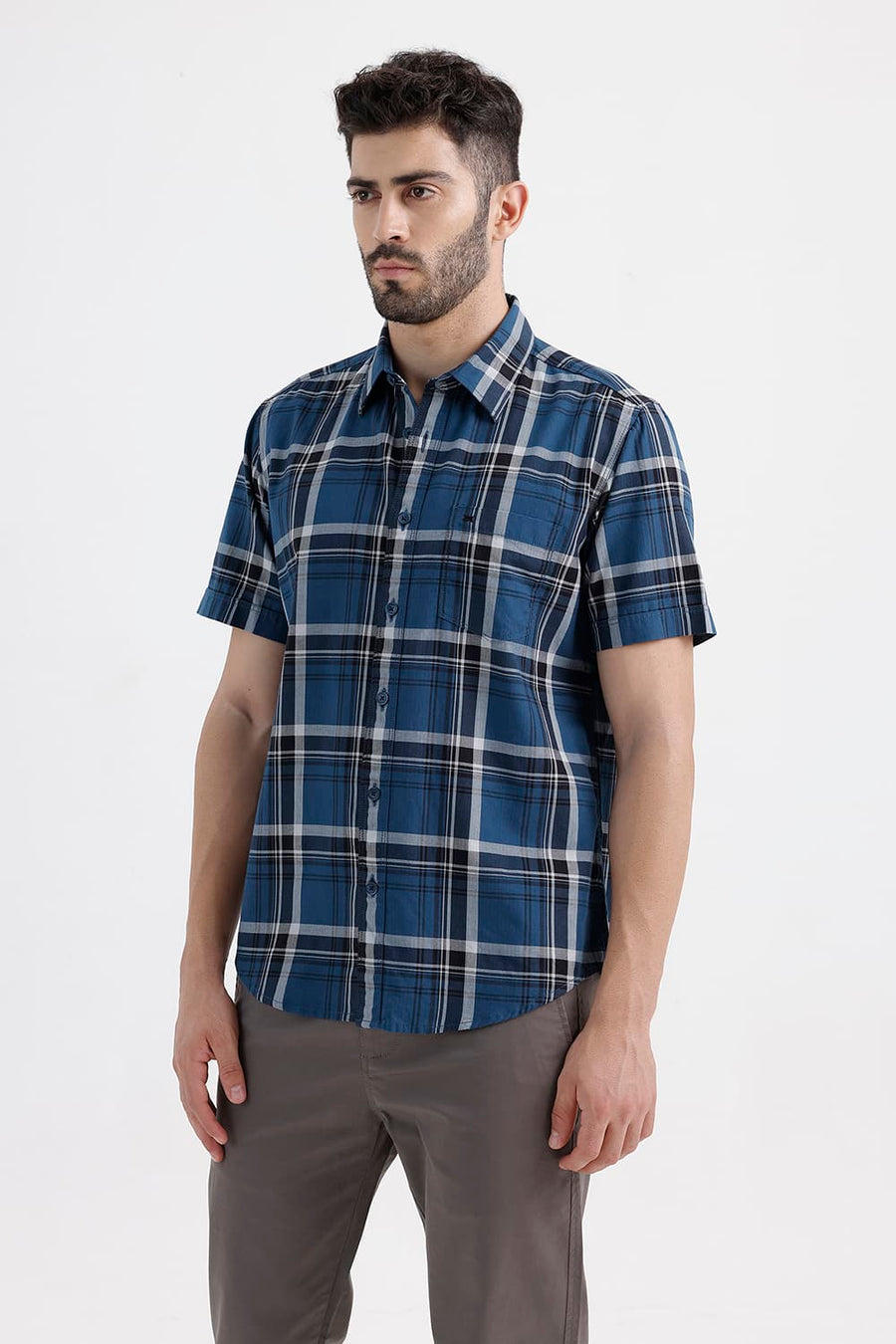 BASICS SLIM FIT STELLAR NAVY COTTON HERRING BONE CHECKS HALFSLEEVES SHIRT