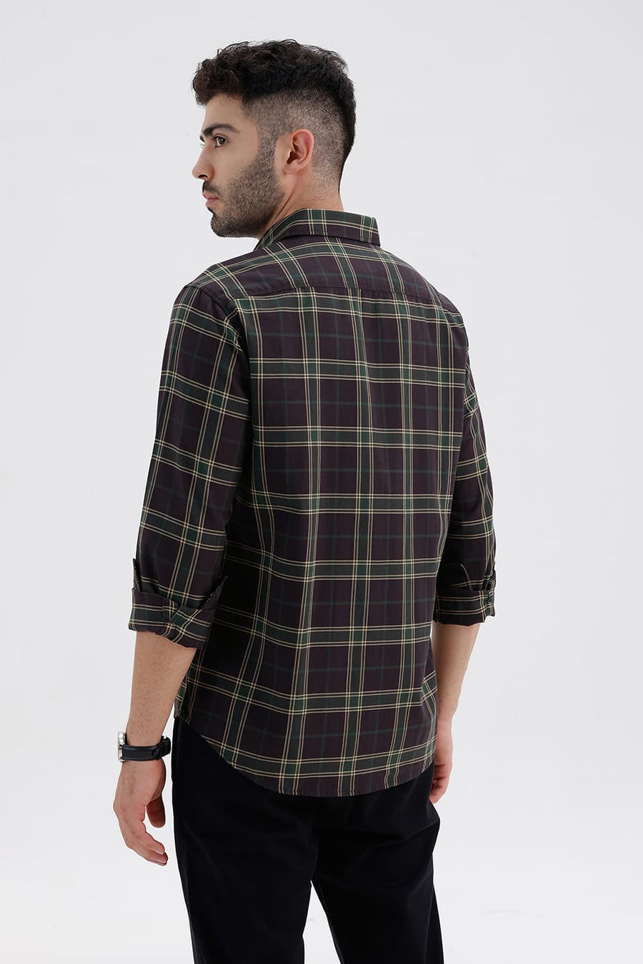 BASICS SLIM FIT CHCOLATE PLUM COTTON HERRING BONE CHECKS SHIRT