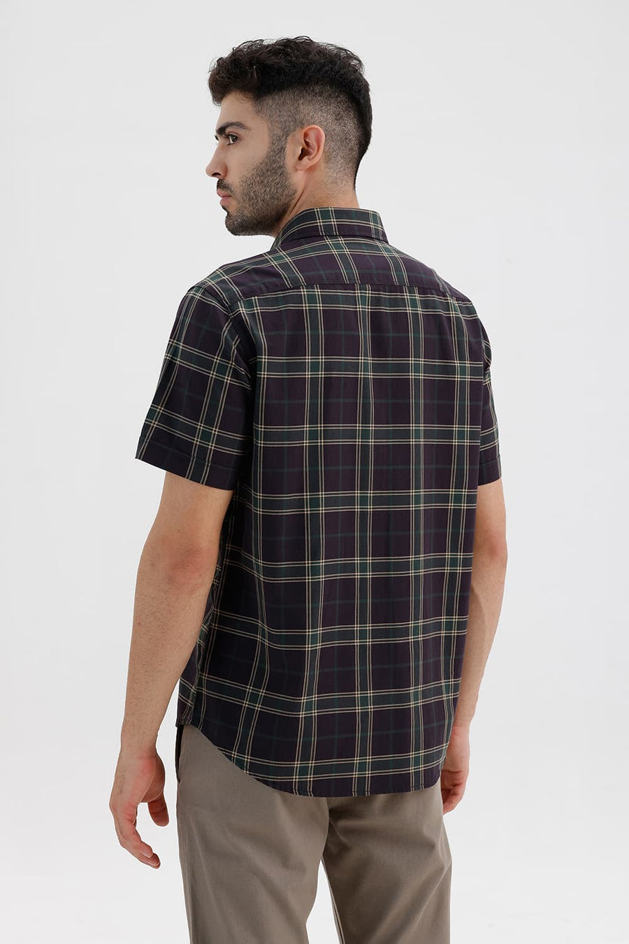 BASICS SLIM FIT CHCOLATE PLUM COTTON HERRING BONE CHECKS HALFSLEEVES SHIRT