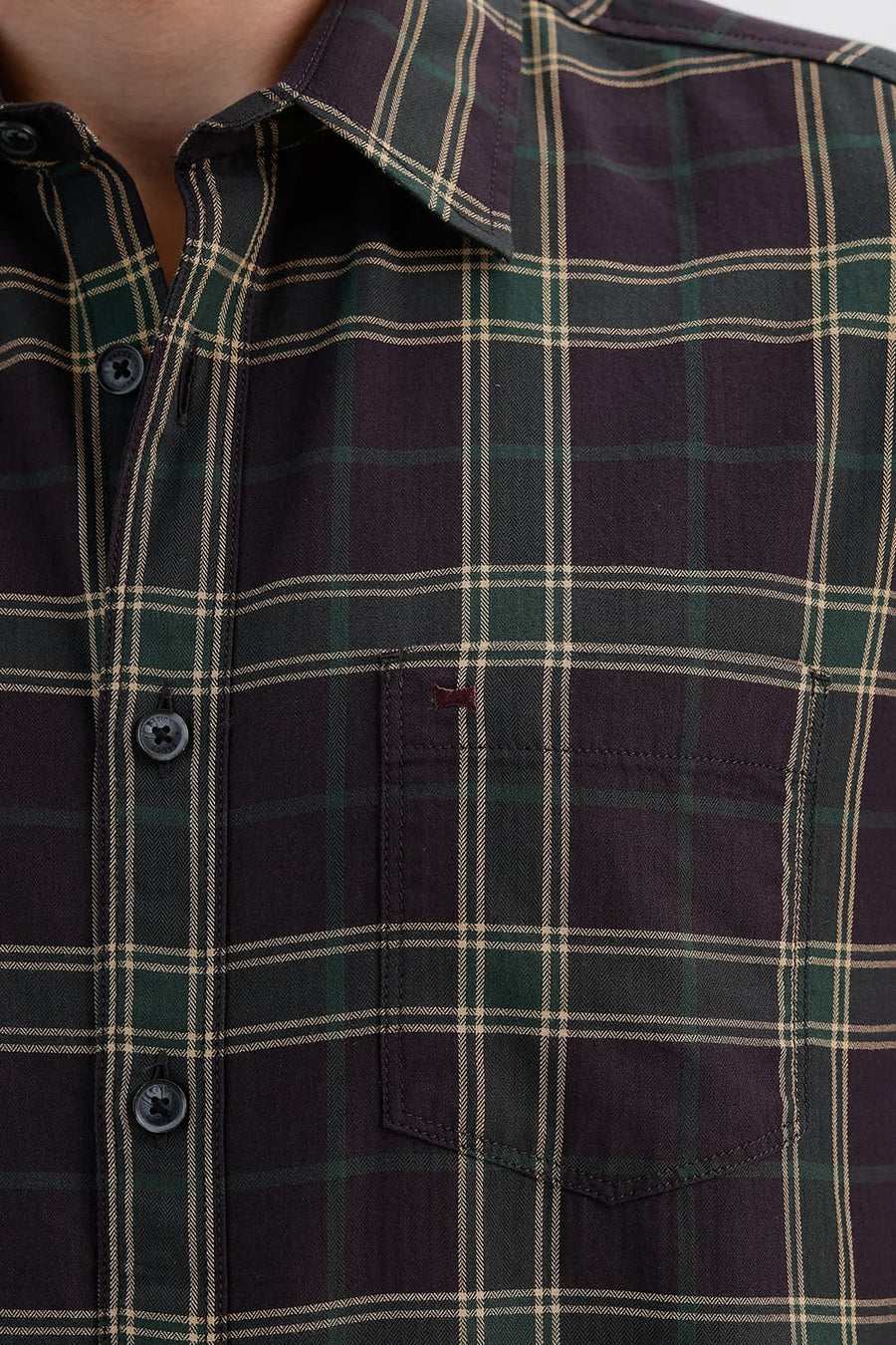 BASICS SLIM FIT CHCOLATE PLUM COTTON HERRING BONE CHECKS SHIRT
