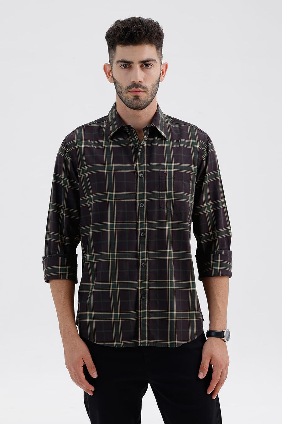 BASICS SLIM FIT CHCOLATE PLUM COTTON HERRING BONE CHECKS SHIRT