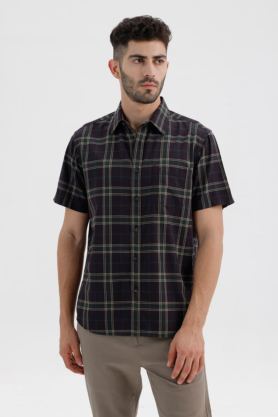BASICS SLIM FIT CHCOLATE PLUM COTTON HERRING BONE CHECKS HALFSLEEVES SHIRT