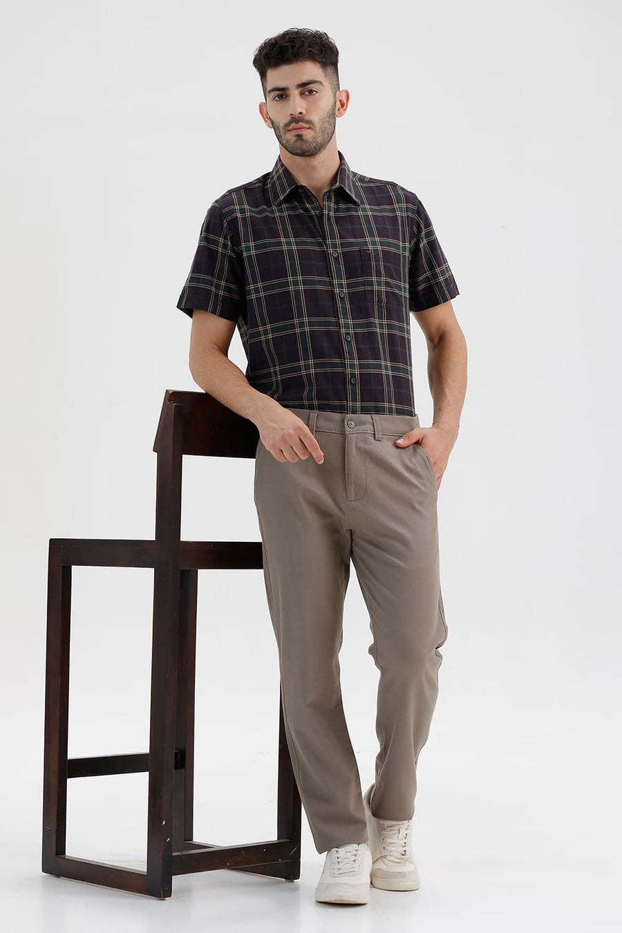 BASICS SLIM FIT CHCOLATE PLUM COTTON HERRING BONE CHECKS HALFSLEEVES SHIRT