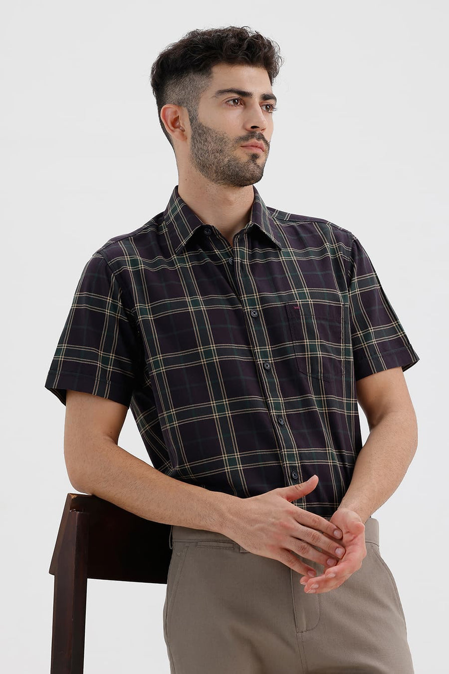 BASICS SLIM FIT CHCOLATE PLUM COTTON HERRING BONE CHECKS HALFSLEEVES SHIRT