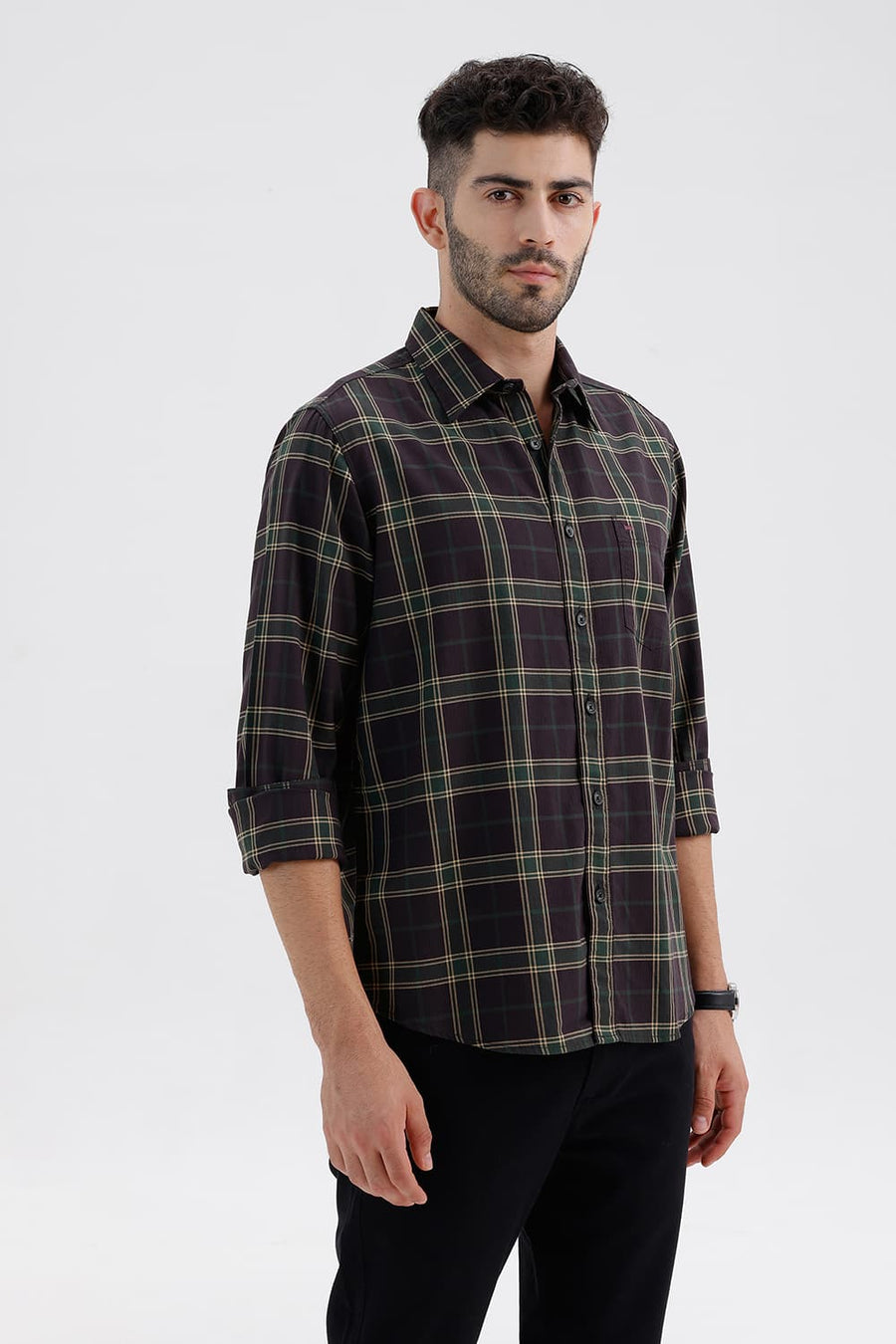 BASICS SLIM FIT CHCOLATE PLUM COTTON HERRING BONE CHECKS SHIRT