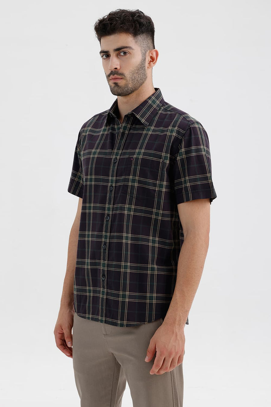BASICS SLIM FIT CHCOLATE PLUM COTTON HERRING BONE CHECKS HALFSLEEVES SHIRT