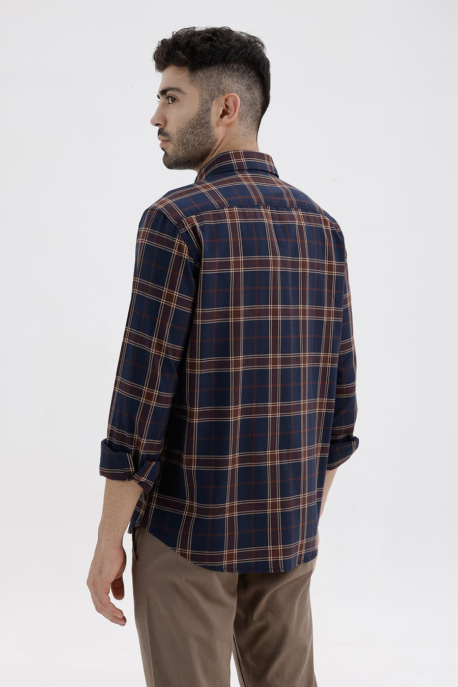 BASICS SLIM FIT NAVY NIGHTS COTTON HERRING BONE CHECKS SHIRT