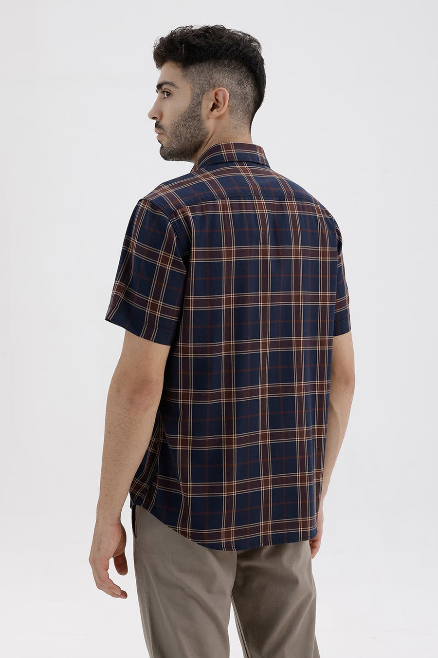 BASICS SLIM FIT NAVY NIGHTS COTTON HERRING BONE CHECKS HALFSLEEVES SHIRT